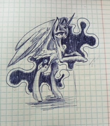 Size: 936x1080 | Tagged: safe, artist:anastas, derpibooru import, princess luna, alicorn, pony, bipedal, female, graph paper, mare, raised hoof, raised leg, sketch, traditional art