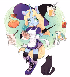 Size: 2693x2959 | Tagged: safe, artist:pandachenn, derpibooru import, oc, anthro, cat, pony, unicorn, apron, clothes, pumpkin, solo, witch