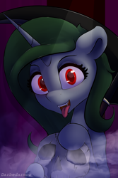 Size: 2048x3072 | Tagged: safe, artist:darbedarmoc, derpibooru import, night light, oc, oc:minerva, pony, unicorn, column, edgy, fangs, fog, insanity, looking at you, night, red eyes, scythe, skull, solo, temple, tongue, tongue out