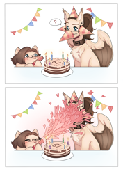 Size: 3532x5000 | Tagged: safe, artist:pandachenn, derpibooru import, oc, oc:dima, earth pony, pegasus, pony, blushing, cake, chest fluff, collar, food, glasses, happy birthday, hat, holiday, party hat