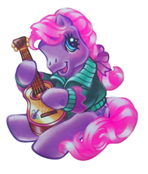 Size: 1093x1280 | Tagged: safe, derpibooru import, earth pony, pony, g3, blue eyes, bow, braid, clothes, guitar, guitar pick, hair bow, happy, musical instrument, official, pink hair, playing instrument, shirt, simple background, sitting, sweater, sweetsong, transparent background