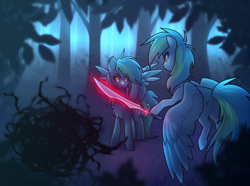 Size: 1380x1024 | Tagged: safe, artist:magicstarfriends, derpibooru import, oc, oc only, oc:seafoam wake, pegasus, pony, undead, vampire, vampony, female, flying, forest, looking at each other, looking at someone, monster, night, pegasus oc, self paradox, self ponidox, shadow creature, standing, story included, sword, weapon