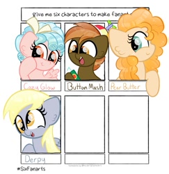 Size: 1165x1200 | Tagged: safe, artist:sugarcloudcandy, derpibooru import, button mash, cozy glow, derpy hooves, pear butter, earth pony, pegasus, colt, female, filly, foal, male, mare