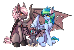 Size: 2674x1831 | Tagged: safe, artist:pissbaby, derpibooru import, oc, oc:camille, oc:rosa cavalier, oc:seafoam wake, pony, undead, vampire, vampony, cute, female, filly, foal, heterochromia, mare, simple background, spread wings, torn wings, transparent background, trio, trio female, webbed wings, wings