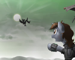 Size: 1280x1023 | Tagged: safe, artist:doomy, derpibooru import, oc, oc only, oc:littlepip, alicorn, pony, unicorn, fallout equestria, pipleg, pointing, raised hoof, raised leg, silhouette, sun