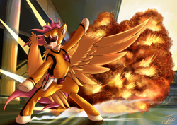 Size: 1750x1237 | Tagged: safe, artist:jamescorck, derpibooru import, scootaloo, pegasus, pony, clothes, costume, crossover, explosion, pose, power rangers, solo, spread wings, super sentai, uniform, wings