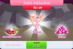 Size: 1267x860 | Tagged: safe, derpibooru import, scales (character), dragon, advertisement, claws, costs real money, dragoness, english, female, fire, gameloft, gem, horns, numbers, official, sale, solo, solo focus, spread wings, text, tree, wings