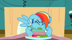 Size: 250x141 | Tagged: safe, derpibooru import, screencap, rainbow dash, pegasus, pony, read it and weep, animated, bandage, bandaid, barely animated, bed, broken wing, chewing, eating, gif, gif for breezies, gross, hospital bed, hospital gown, loop, messy eating, nom, picture for breezies, wings