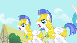 Size: 1280x720 | Tagged: safe, derpibooru import, screencap, princess celestia, alicorn, pegasus, pony, a bird in the hoof, season 1, female, male, mare, offscreen character, open mouth, reaction image, royal guard, shocked, stallion, trio