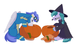 Size: 1280x732 | Tagged: safe, artist:itstechtock, derpibooru import, oc, oc:emerald grove, earth pony, pegasus, pony, clothes, costume, halloween, knife, nightmare night costume, pumpkin, pumpkin carving, simple background, transparent background