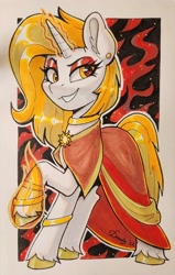 Size: 2092x3280 | Tagged: safe, artist:dandy, derpibooru import, oc, oc only, oc:aurora shinespark, pony, unicorn, cloak, clothes, commission, copic, ear fluff, ear piercing, earring, ears, eyeshadow, female, fire, fire magic, glowing, glowing horn, grin, horn, jewelry, leg rings, looking at you, magic, makeup, mare, piercing, smiling, smirk, solo, traditional art, unicorn oc, unshorn fetlocks