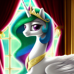 Size: 1024x1024 | Tagged: safe, derpibooru import, editor:dovakkins, generator:purplesmart.ai, generator:stable diffusion, machine learning generated, princess celestia, alicorn, pony, beautiful, bust, cute, cutelestia, female, jewelry, looking back, regalia, smiling, solo, window