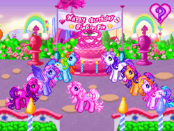 Size: 512x384 | Tagged: safe, derpibooru import, cheerilee (g3), pinkie pie (g3), rainbow dash (g3), scootaloo (g3), starsong, sweetie belle (g3), toola roola, earth pony, pegasus, pony, unicorn, g3, cake, female, food, mare, pinkie pie's party