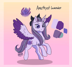 Size: 1280x1191 | Tagged: safe, artist:ladypastal, derpibooru import, oc, oc only, oc:amethyst lavender, alicorn, alicorn oc, bow, colored wings, cutie mark, female, gradient background, hair bow, horn, magical lesbian spawn, mare, offspring, parent:inky rose, parent:oc:flora may, parent:starlight glimmer, reference sheet, shadow, signature, solo, wings