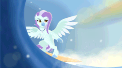 Size: 640x360 | Tagged: safe, artist:rumista, derpibooru import, oc, oc:ocean breeze (savygriffs), classical hippogriff, hippogriff, animated, commission, gif, hippogriff oc, spread wings, surfboard, surfing, wings, ych result, your character here
