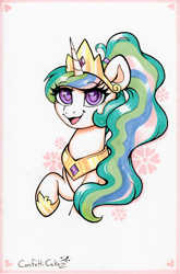 Size: 1775x2692 | Tagged: safe, artist:confetticakez, derpibooru import, princess celestia, pony, alternate hairstyle, bust, copic, heart, heart eyes, horn, jewelry, open mouth, ponytail, regalia, solo, traditional art, wingding eyes