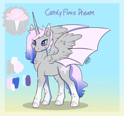 Size: 1280x1191 | Tagged: safe, artist:ladypastal, derpibooru import, oc, oc only, oc:candy floss dream, alicorn, bat pony, bat pony alicorn, alicorn oc, bat wings, cloven hooves, coat markings, cutie mark, female, frame, gradient background, gradient mane, horn, magical lesbian spawn, mare, offspring, older, parent:fleur-de-lis, parent:nightmare moon, parent:oc:flora may, reference sheet, signature, socks (coat marking), solo, wings