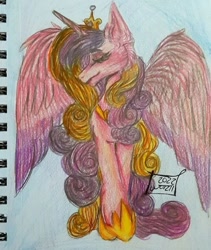 Size: 720x854 | Tagged: safe, artist:woizii, derpibooru import, princess cadance, alicorn, pony, eyes closed, female, hoof shoes, mare, signature, smiling, solo, spread wings, traditional art, wings