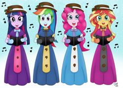 Size: 2736x1972 | Tagged: safe, artist:bageloftime, derpibooru import, pinkie pie, rainbow dash, sunset shimmer, twilight sparkle, twilight sparkle (alicorn), alicorn, human, equestria girls, caroling, christmas, christmas 2022, clothes, dress, gown, holiday, humanized, long dress, long skirt, skirt