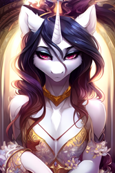Size: 2048x3072 | Tagged: safe, derpibooru import, generator:stable diffusion, machine learning generated, oc, oc only, anthro, unguligrade anthro, unicorn, anthro oc, chest fluff, clothes, dress, eyelashes, female, jewelry, looking at you, mare, regalia, shoulder fluff, solo