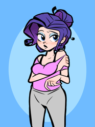 Size: 681x917 | Tagged: safe, artist:smirk, derpibooru import, rarity, human, clothes, eyeshadow, hair bun, humanized, makeup, pants, solo, sweatpants