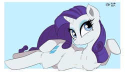 Size: 750x443 | Tagged: safe, artist:bunbunmuffins, derpibooru import, rarity, pony, unicorn, blue background, chest fluff, draw me like one of your french girls, female, fluffy, looking at you, mare, simple background, solo, sultry pose