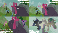 Size: 4400x2475 | Tagged: safe, derpibooru import, edit, edited screencap, editor:quoterific, screencap, fluttershy, princess celestia, princess luna, spike, twilight sparkle, twilight sparkle (alicorn), alicorn, dragon, between dark and dawn, apple, apple tree, giant tortoise, mr. tortoisnap, tree, winged spike, wings