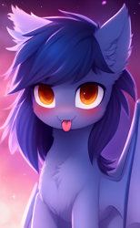 Size: 2048x3328 | Tagged: safe, derpibooru exclusive, derpibooru import, editor:ramprover, generator:purplesmart.ai, generator:stable diffusion, machine learning generated, oc, oc:echo, bat pony, pony, :p, blushing, chest fluff, cute, ear fluff, ears, fangs, female, looking at you, mare, ocbetes, solo, tongue, tongue out