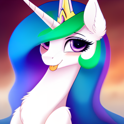 Size: 2048x2048 | Tagged: safe, derpibooru exclusive, derpibooru import, editor:ramprover, generator:purplesmart.ai, generator:stable diffusion, machine learning generated, princess celestia, alicorn, pony, :p, blushing, chest fluff, crown, ear fluff, ears, eyebrows, female, high res, jewelry, looking at you, mare, regalia, smiling, smiling at you, solo, tongue, tongue out