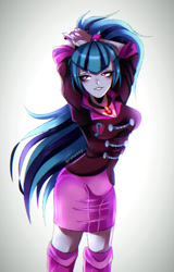 Size: 565x885 | Tagged: safe, artist:granatty, derpibooru import, sonata dusk, human, equestria girls, rainbow rocks, arm behind head, breasts, cleavage, clothes, female, grin, smiling, solo, sonata bust