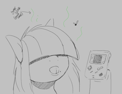 Size: 646x499 | Tagged: safe, artist:lockheart, derpibooru import, oc, oc only, oc:dot matrix, earth pony, fly, insect, pony, bucktooth, bust, female, game boy, gray background, grayscale, hair over eyes, hoof hold, mare, monochrome, nintendo, simple background, sketch, solo, stink lines