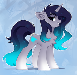 Size: 2654x2586 | Tagged: safe, artist:zlatavector, derpibooru import, oc, oc only, oc:stardust splash, pony, unicorn, abstract background, accessory, chest fluff, commission, female, grin, looking back, mare, smiling, solo, tail ring, white outline