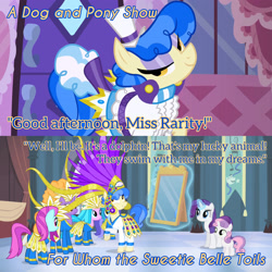 Size: 3072x3072 | Tagged: safe, derpibooru import, edit, edited screencap, editor:itsmgh1203, screencap, blue cutie, foxxy trot, rarity, sapphire shores, sweetie belle, earth pony, pony, unicorn, a dog and pony show, for whom the sweetie belle toils, season 1, season 4, carousel boutique, female, filly, foal, icy passion, magic, mare, mirror, signature moves, smiling, telekinesis, text