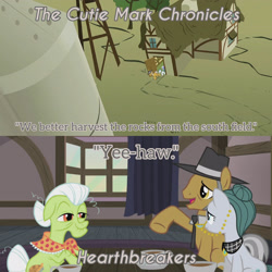 Size: 3072x3072 | Tagged: safe, derpibooru import, edit, edited screencap, editor:itsmgh1203, screencap, cloudy quartz, granny smith, igneous rock pie, limestone pie, earth pony, pony, hearthbreakers, season 1, season 5, the cutie mark chronicles, female, filly, foal, hat, male, mare, open mouth, open smile, smiling, stallion, text