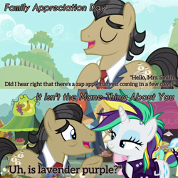 Size: 3072x3072 | Tagged: safe, derpibooru import, edit, edited screencap, editor:itsmgh1203, screencap, filthy rich, rarity, earth pony, pony, unicorn, family appreciation day, it isn't the mane thing about you, season 2, season 7, alternate hairstyle, duo, duo focus, duo male and female, eyes closed, female, male, mare, open mouth, open smile, punk, raripunk, smiling, text