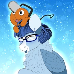 Size: 2000x2000 | Tagged: safe, artist:inisealga, derpibooru import, oc, oc:soaring spirit, pegasus, pony, :p, abstract background, accessories, anime, chainsaw, chainsaw man, chest fluff, coat markings, colored wings, duo, ear fluff, ears, facial markings, glasses, gradient background, male, multicolored hair, multicolored mane, multicolored wings, neck fluff, pegasus oc, pochita, stallion, tongue, tongue out, wing fluff, wings