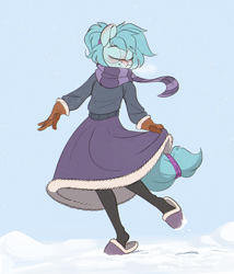Size: 1640x1920 | Tagged: safe, artist:rexyseven, derpibooru import, oc, oc only, oc:whispy slippers, anthro, earth pony, anthro oc, blushing, clothes, dress, eyes closed, female, glasses, gloves, mare, scarf, slippers, smiling, snow, socks, solo, striped scarf, sweater