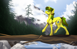 Size: 1044x671 | Tagged: safe, artist:lunciakkk, derpibooru import, oc, oc only, oc:macter4, pony, unicorn, commission, forest, mountain, river, solo, water, wood