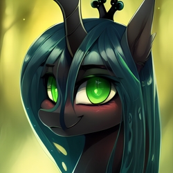 Size: 2048x2048 | Tagged: safe, derpibooru exclusive, derpibooru import, editor:ramprover, generator:purplesmart.ai, generator:stable diffusion, machine learning generated, queen chrysalis, changeling, pony, blushing, bust, cute, ear fluff, ears, female, lidded eyes, looking at you, mare, smiling, solo