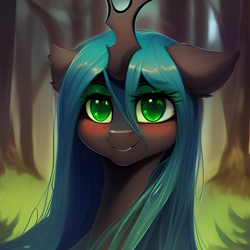 Size: 2048x2048 | Tagged: safe, derpibooru exclusive, derpibooru import, editor:ramprover, generator:purplesmart.ai, generator:stable diffusion, machine learning generated, queen chrysalis, changeling, pony, blushing, bust, cute, ear fluff, ears, female, lidded eyes, looking at you, mare, smiling, solo