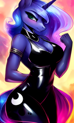 Size: 1536x2560 | Tagged: safe, derpibooru import, generator:stable diffusion, machine learning generated, princess luna, alicorn, anthro, blushing, breasts, cleavage, clothes, eyelashes, female, latex, latex dress, mare, skintight clothes, solo, wingless, wingless alicorn, wingless anthro