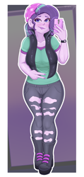 Size: 2000x4200 | Tagged: safe, artist:lazier_boi, derpibooru import, starlight glimmer, human, equestria girls, beanie, blushing, breasts, cellphone, chubby, clothes, collarbone, cute, ear piercing, earring, female, glimmerbetes, hat, jewelry, lipstick, looking at you, makeup, peace sign, phone, piercing, selfie, shoes, smartphone, smiling, solo, starlight jiggler, torn clothes, watch, wristwatch