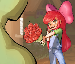 Size: 1652x1423 | Tagged: safe, artist:crade, apple bloom, oc, oc:anon, human, equestria girls, blushing, bouquet, clothes, flower, humanized, nudity, overalls, partial nudity, rose, shirt, sweat, t-shirt, topless, trembling