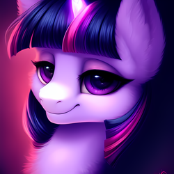 Size: 2048x2048 | Tagged: safe, derpibooru exclusive, derpibooru import, editor:ramprover, generator:purplesmart.ai, generator:stable diffusion, machine learning generated, twilight sparkle, alicorn, pony, bust, chest fluff, ear fluff, ears, female, lidded eyes, looking at you, mare, smiling, solo