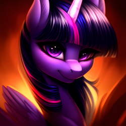 Size: 2048x2048 | Tagged: safe, derpibooru exclusive, derpibooru import, editor:ramprover, generator:purplesmart.ai, generator:stable diffusion, machine learning generated, twilight sparkle, twilight sparkle (alicorn), alicorn, pony, bust, chest fluff, ear fluff, ears, female, lidded eyes, looking at you, mare, smiling, solo