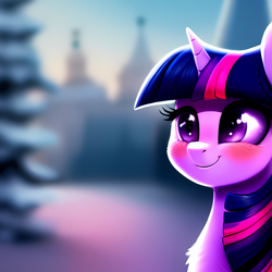 Size: 2048x2048 | Tagged: safe, derpibooru exclusive, derpibooru import, editor:ramprover, generator:purplesmart.ai, generator:stable diffusion, machine learning generated, twilight sparkle, alicorn, pony, blurry background, bust, chest fluff, ear fluff, ears, female, mare, moscow, smiling, solo