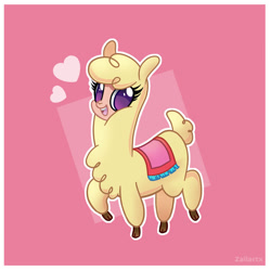 Size: 900x901 | Tagged: safe, artist:zailartx, derpibooru import, paprika paca, alpaca, them's fightin' herds, big eyes, cloven hooves, community related, cute, female, heart, open mouth, open smile, paprikadorable, pink background, raised hoof, raised leg, simple background, smiling, solo