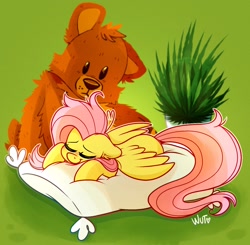 Size: 2048x2006 | Tagged: safe, artist:wutanimations, derpibooru import, fluttershy, bear, pegasus, pony, ahoge, comfy, ears, eyes closed, female, floppy ears, high res, lying down, pillow, plant, plushie, potted plant, prone, sleeping, smiling, solo, wings