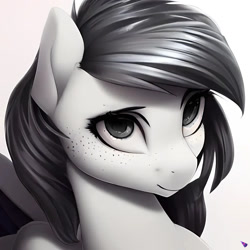 Size: 1024x1024 | Tagged: safe, derpibooru import, generator:purplesmart.ai, generator:stable diffusion, machine learning generated, oc, oc:pepper pimienta, pegasus, black hair, black tail, bust, female, freckles, gray eyes, mare, pegasus oc, portrait, smiling, tail, white fur