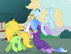 Size: 4806x3630 | Tagged: safe, artist:feather_bloom, derpibooru import, oc, oc:buttercream flow, oc:gingerpop, oc:starfall, earth pony, original species, pegasus, pony, detailed background, dragging, flying, happy, unamused